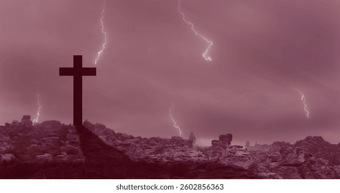Digital composition of thunder effect over cross against clouds in the sky. christian religion and easter concept