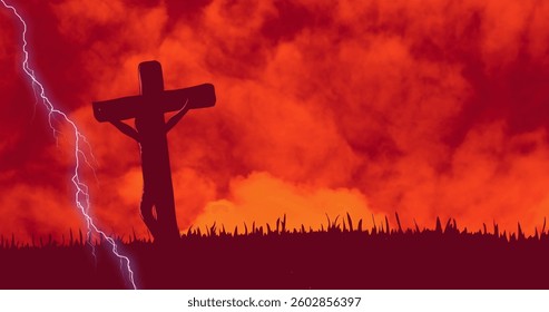 Digital composition of thunder effect over crucifix on cross against clouds in the sky. christian religion and easter concept