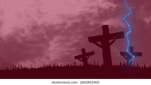 Digital composition of thunder effect over crucifix on cross against clouds in the sky. christian religion and easter concept