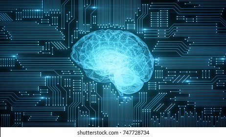 Digital Computer Brain On Circuit Board With Blue Glows And Lensflares