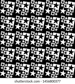 Digital computer graphic - geometric decorative pattern with a silhouettes five-pointed stars in a black and white colors for design