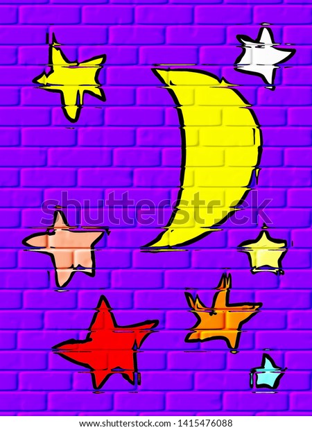 Digital computer graphic - Graffiti picture of the night\
sky with a multicolored stars and a moon on a rendered brick wall\
background 