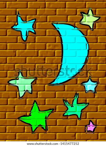 Digital computer graphic - Graffiti picture of the night\
sky with a stars and a moon on a rendered brown brick wall\
background 
