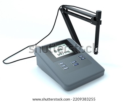 Digital conductivity meter with electrode. Conductometer on white perspective view. Liquid chemistry. 3D render.