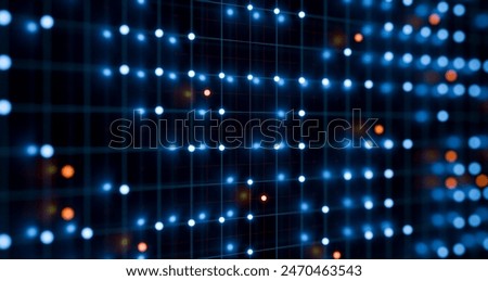 Digital connections, illuminated dots. Wire frame with orange and blue lights. Technology, switch board, node tree, control panel.