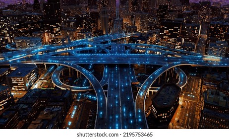 Digital Connections Spreadung Through Overpass City Highway Of Information Autonomous Vehicles Ai Technologi Privacy Quantum Computting Digital Cars CGI 3D Illustration