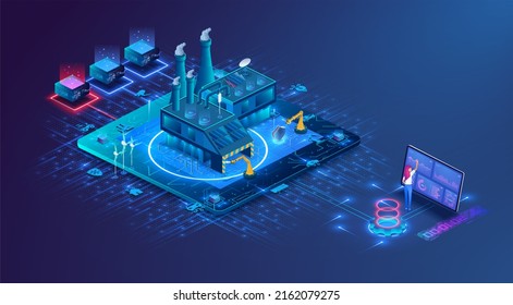 Digital Control Technology In The Manufacturing Industry Optimization Of Maintenance Facilities. Modern Isometric Smart Factory Manufacturing Facilities.  Isometric  Illustration, Banner.