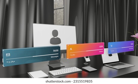 Digital Convergence: Interactive Work Desk with Laptop, Mobile, and User Icon, featuring Application Windows, Money Symbols, Messages, Shopping, and Graphical Analysis - Powered by Shutterstock - Get 15% off with code: PIKWIZARD15