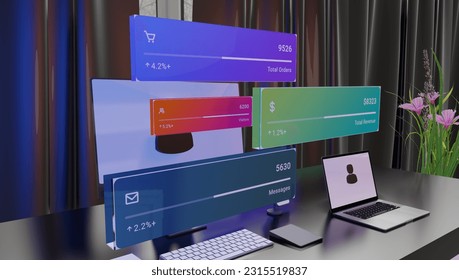 Digital Convergence: Interactive Work Desk with Laptop, Mobile, and User Icon, featuring Application Windows, Money Symbols, Messages, Shopping, and Graphical Analysis - Powered by Shutterstock - Get 15% off with code: PIKWIZARD15