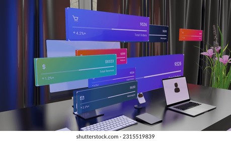 Digital Convergence: Interactive Work Desk with Laptop, Mobile, and User Icon, featuring Application Windows, Money Symbols, Messages, Shopping, and Graphical Analysis - Powered by Shutterstock - Get 15% off with code: PIKWIZARD15