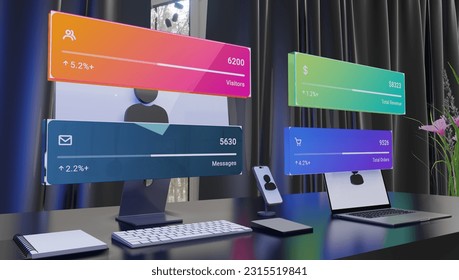 Digital Convergence: Interactive Work Desk with Laptop, Mobile, and User Icon, featuring Application Windows, Money Symbols, Messages, Shopping, and Graphical Analysis - Powered by Shutterstock - Get 15% off with code: PIKWIZARD15