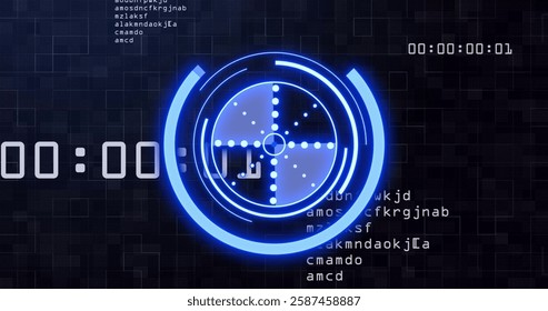 Digital countdown timer with futuristic blue interface and random alphanumeric codes. technology, electronic, sci-fi