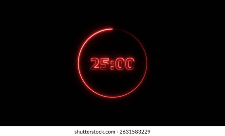 Digital countdown timer neon bright red color 4k illustration of 25 second transparent on black background. 25 seconds digital timer 4k illustration.