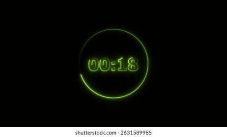 Digital countdown timer neon bright lime green color 4k illustration of 18 second transparent on black background. 18 seconds digital timer 4k illustration. 