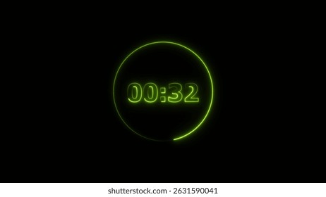 Digital countdown timer neon bright lime green color 4k illustration of 32 second transparent on black background. 32 seconds digital timer 4k illustration. 