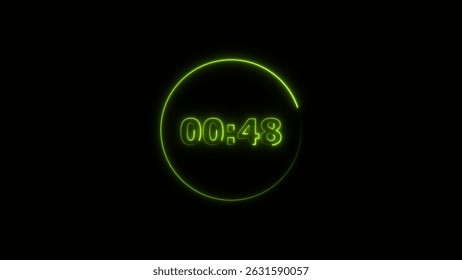 Digital countdown timer neon bright lime green color 4k illustration of 48 second transparent on black background. 48 seconds digital timer 4k illustration. 