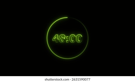 Digital countdown timer neon bright lime green color 4k illustration of 48 second transparent on black background. 48 seconds digital timer 4k illustration. 