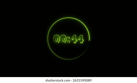 Digital countdown timer neon bright lime green color 4k illustration of 44 second transparent on black background. 44 seconds digital timer 4k illustration. 