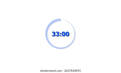 Digital countdown timer royal blue color 4k illustration of 33 second on transparent on white background. 33 seconds digital timer 4k illustration .