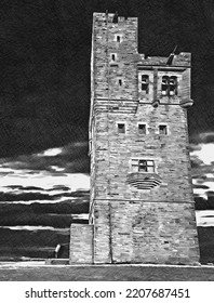 Digital Cross Hatch Drawing Of Victoria Tower, Castle Hill, Huddersfield, UK