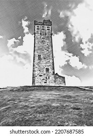 Digital Cross Hatch Drawing Of Victoria Tower, Castle Hill, Huddersfield, UK