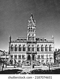 A Digital Cross Hatched Drawing Of Chester Town Hall