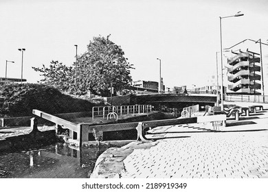 A Digital Cross Hatched Drawing Of A Lock On The Rochdale Canal, New Islington, Manchester