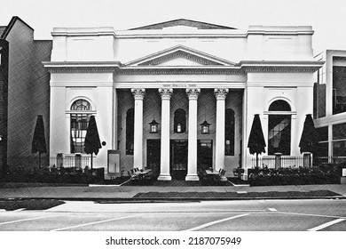 A Digital Cross Hatched Drawing Of Restaurant With A Classical Facade