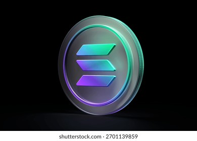 Criptomoneda digital Solana SOL 3D moneda transparente aislada sobre fondo negro. Renderización 3D de alta calidad adecuada para ilustrar conceptos de criptomonedas..