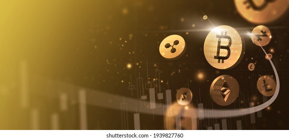 Digitale Kryptowährungs-Blockmarkt Bitcoin Ethereum Token Münzsymbol Grafik steigender Trend-Konzept, Online-Netzwerk-Digital-Geld-Währungs-Computer-Verschlüsselung, Banner, goldener Hintergrund