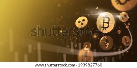 Digital cryptocurrency block chain market Bitcoin Ethereum token coin symbol graph rising trend concept, online network digital money currency technology computer encryption, banner gold background Сток-фото © 