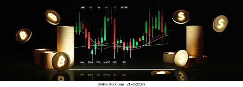 Digital Currency Technology Gold Coins For The Future It Is Enclosed Around A Digital Currency Chart The Cryptocurrency Market With A Price Chart And A Pencil And Note Paper Widescreen. 3d Rendering