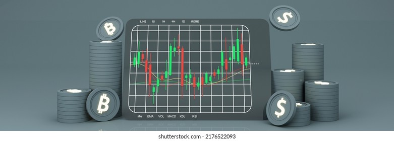 Digital Currency Technology Gold Coins For The Future It Is Enclosed Around A Digital Currency Chart The Cryptocurrency Market With A Price Chart And A Pencil And Note Paper Widescreen. 3d Rendering