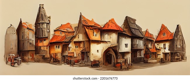 Digital Cutout Of A Medieval Town. Gouache Painting Of A Historic Town, Buildings With Red Roofs On Light Colour Background. Village Wallpaper For Digital Inspiration And Layovers