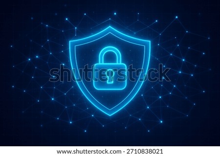 Digital cybersecurity protection concept featuring a glowing shield and padlock icon, symbolizing data security, privacy, encryption and secure network technology.