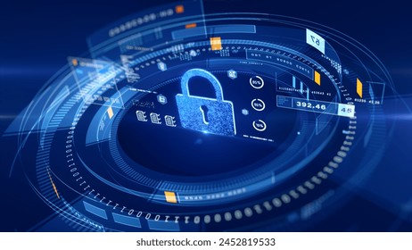 Digital Cybersecurity Protection with Encrypted Data Visualization cybersecurity, Featuring padlock of information and cyber threats in digital age, 3d rendering