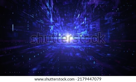 Digital Cyberspace with Particles and Digital Data Network and Blockchain Connections. Technology Digital Matrix and Metaverse Abstract Background 3d rendering