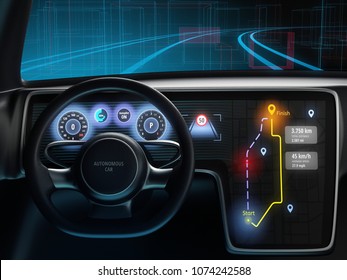 Digital Dashboard Of Autonomous Car, Driverless Car Technology. 3D Illustration.