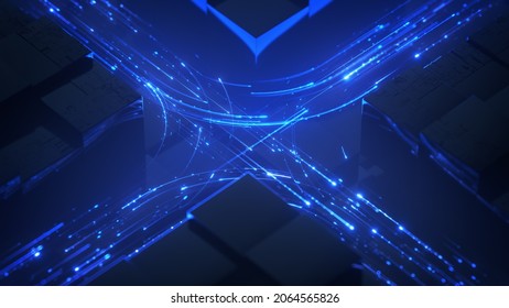 Digital Data Blue Flow. High Tech Abstract Background. 3D Rendering
