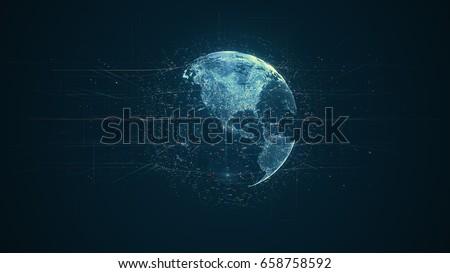 Digital data globe - abstract illustration of a scientific technology data network surrounding planet earth conveying connectivity, complexity and data flood of modern digital age
