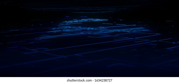 Digital Data Lines Abstract Technology Concept. Blue Glowing Lines. Glitch Pixelated Lines Effect. Wide 3D Illustration. Futuristic Big Data Background.
