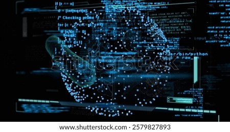 Digital data and molecular structure image over programming code and interface. Technology, futuristic