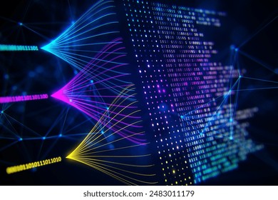 Digital data and network connection concept in cyberspace, binary code strings on dark blue background, creative technology backdrop. 3D Rendering