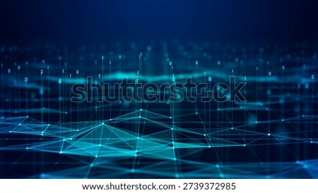 Digital data network flow with glowing nodes and connected grid lines, futuristic technology background ideal for AI, big data, cloud computing and cybersecurity concepts. 3d rendering