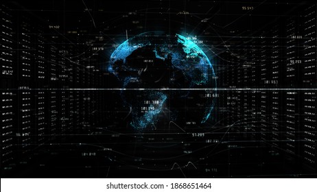 Digital data network in a server room of a data center. Global 5g high speed internet connection and Big data analysis process background concept. 3d rendering - Powered by Shutterstock