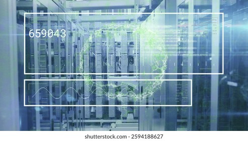 Digital data processing image over servers in data center. Technology, information, network, computing, infrastructure, cloud