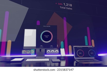 Digital Data Visualization: Illustration of Laptops, Mobile Phones, and Computers at Office Desks with Dashboard Visible Through Windows, Website Data Analysis in Pie Chart with Beautiful and Cool Col
