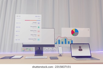 Digital Data Visualization: Illustration of Laptops, Mobile Phones, and Computers at Office Desks with Dashboard Visible Through Windows, Website Data Analysis in Pie Chart with Beautiful and Cool Col