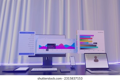 Digital Data Visualization: Illustration of Laptops, Mobile Phones, and Computers at Office Desks with Dashboard Visible Through Windows, Website Data Analysis in Pie Chart with Beautiful and Cool Col