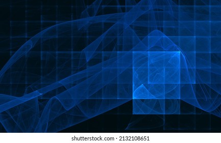 Digital deep blue geometric parallax, doppler effect of squares, multilayered grid, net or space with floating elegant substances and energies. Great as cover print for electronics, artwork, poster.
